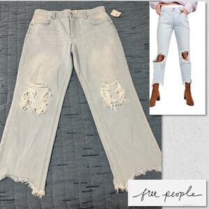 Free People Light Blue Ripped Straight Leg Jeans